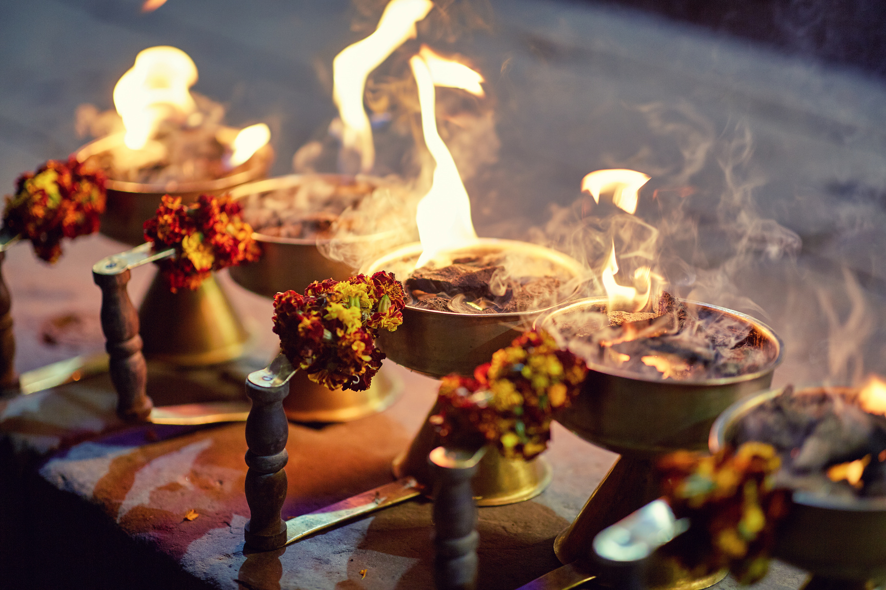 Aarti ceremony flowers with fire in Varanasi